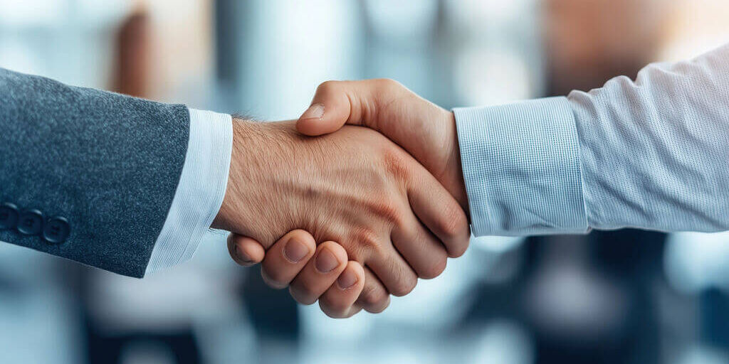 Close-up of two businessmen shaking hands in office with blurred Close-up of two businessmen shaking hands in office with blurred