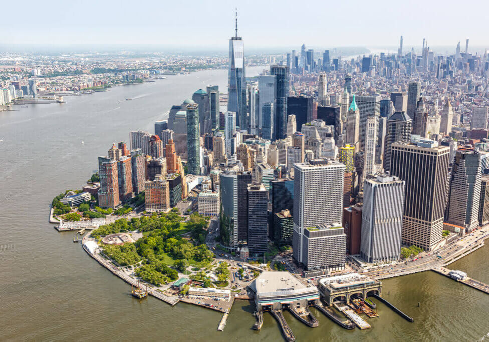 New York City skyline aerial view of Manhattan with World Trade Center skyscraper in the United States