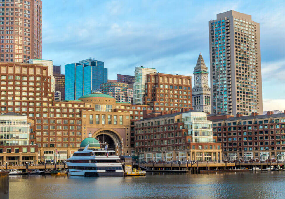 Boston waterfront with skyscrapers and bridge