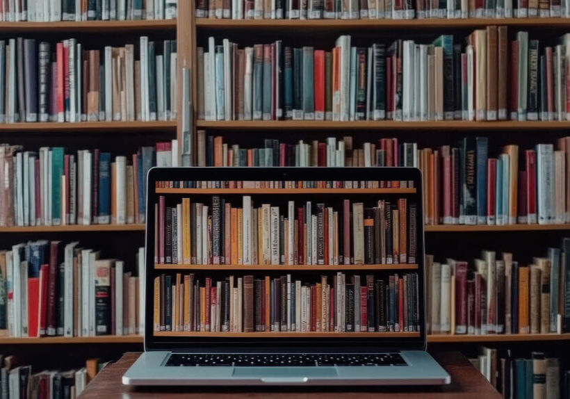 bookshelves with a laptop in the foreground displaying more bookshelves on the screen